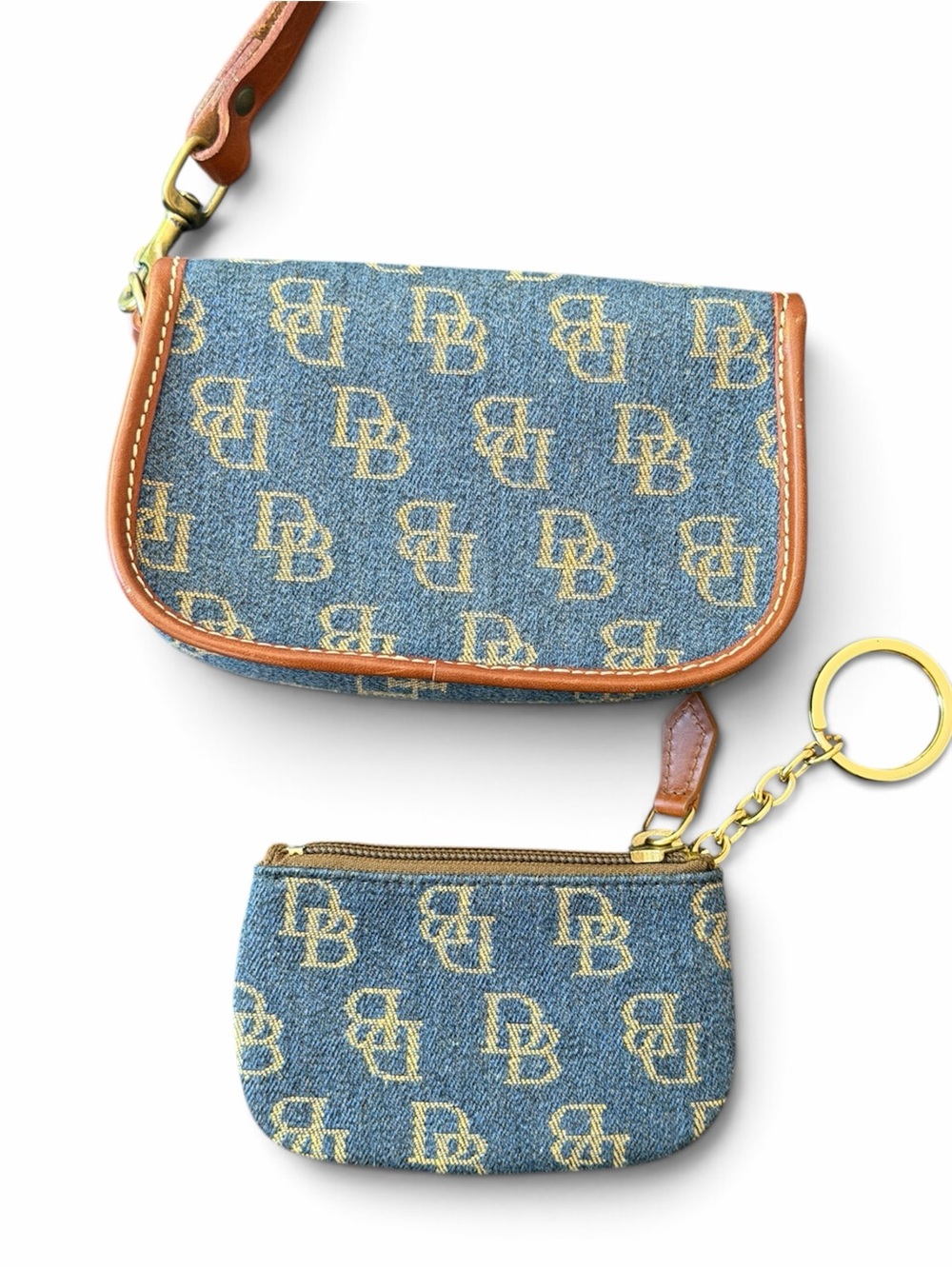 Vintage 90's Dooney & Bourke Denim Logo Wristlet with Leather Strap & Coin purse - Picture 2 of 6